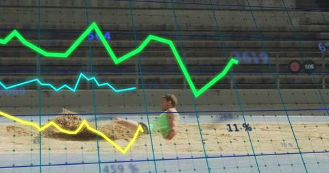 Long jump athlete landing on sand with performance analytics overlay and tracking graphs