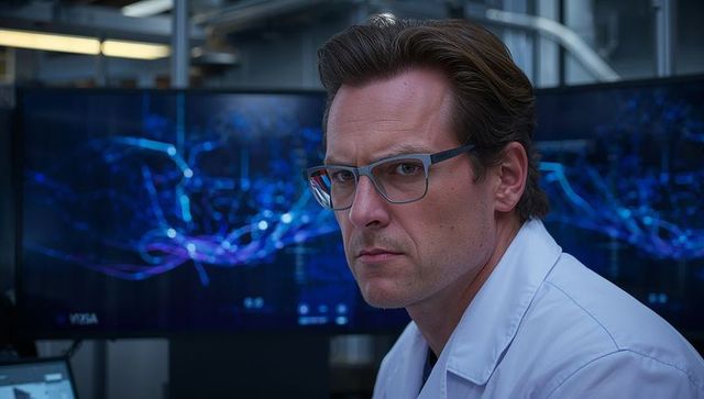 Focused scientist analyzing neural data on curved monitors in high-tech laboratory