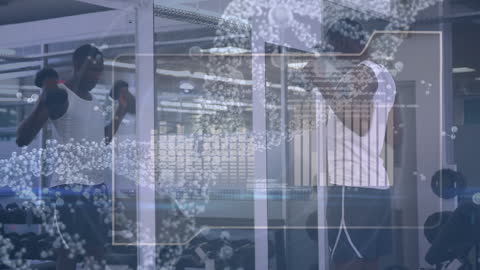 Athletic Men in Gym Overlaid with Healthcare Data Graphics