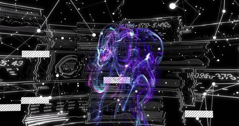 Holographic neon brain nebula floating in cyberspace with network nodes and data panels