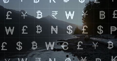 Misty lakeshore with global currency symbols overlay for finance and investment concept