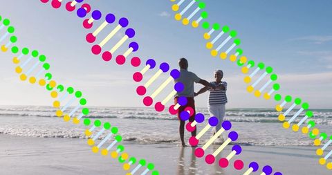 Mature Couples Dancing on Beach with Overlay of DNA Strands