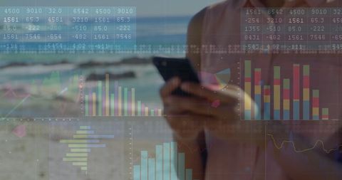 Digital Analytics on Beach Background with Person Using Smartphone