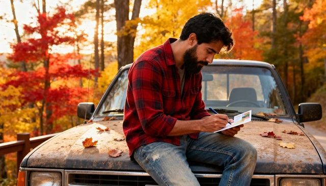 Bearded traveler planning route on pickup hood amid vibrant autumn foliage