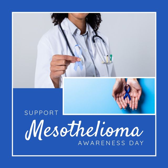 Mesothelioma awareness day text against mid section of female doctor holding a blue ribbon. Mesothelioma awareness day concept