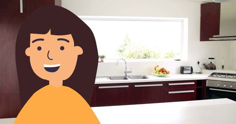 Digital woman character in modern kitchen interior