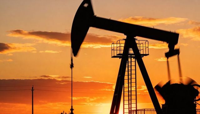 Pumpjack silhouetting at sunset on rural plain, oilfield pumping with ladder access