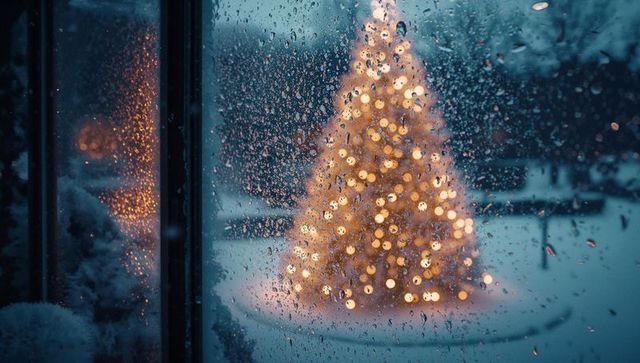 Illuminated christmas tree viewed through wet window pane