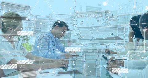 Business Professionals Collaborating in Modern Boardroom with Technology Overlay