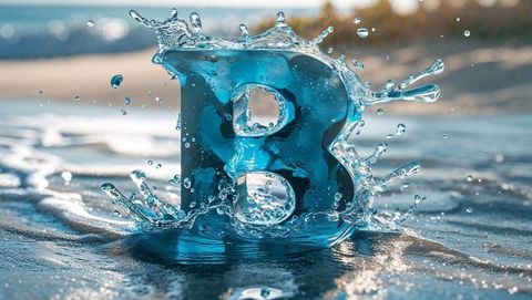 Blue water letter b splash on sandy shoreline
