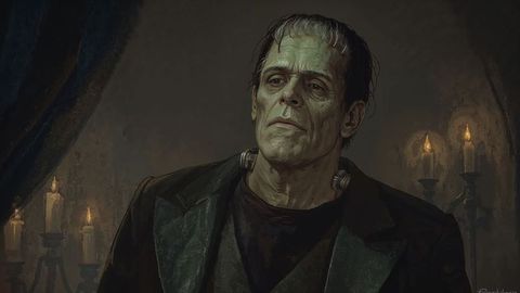 Frankenstein's monster in gothic candlelit crypt