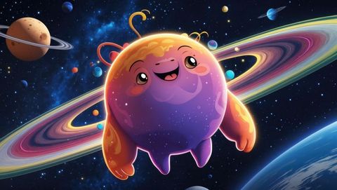 Whimsical planet character surrounded by universe