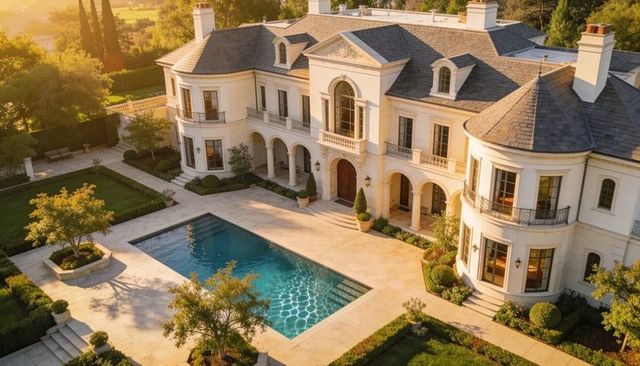 French-style mansion featuring formal courtyard, rectangular pool, manicured topiary