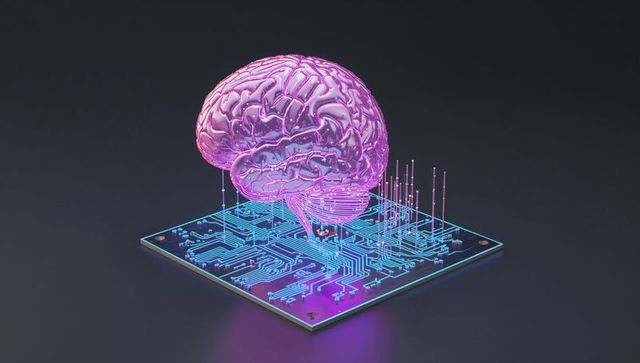 Futuristic Brain Model Joining Circuit Board with Neural Network