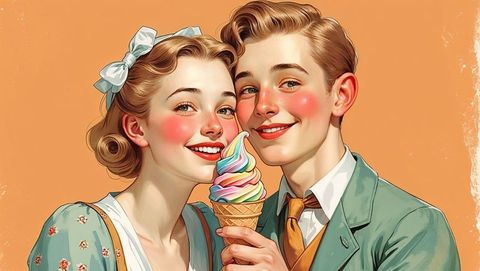 Retro cute couple sharing rainbow soft serve ice cream in studio