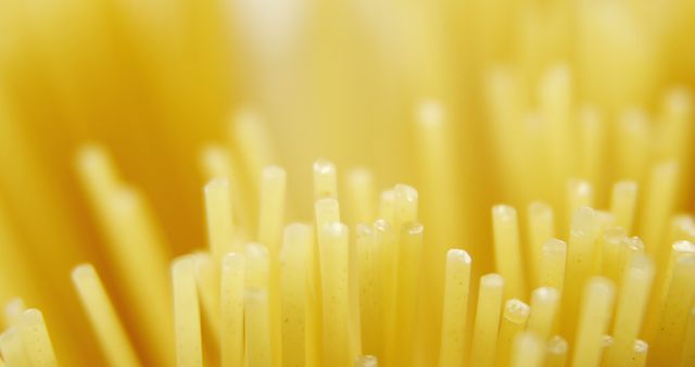 Detailed close-up of uncooked spaghetti sticks captured in macro, highlighting the texture and shape of the pasta. Perfect for food blogs, culinary websites, Italian cuisine promotions, or recipe books showing the raw ingredients.