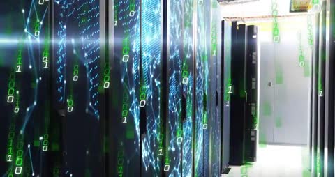 Futuristic Data Center with Binary Code Flow