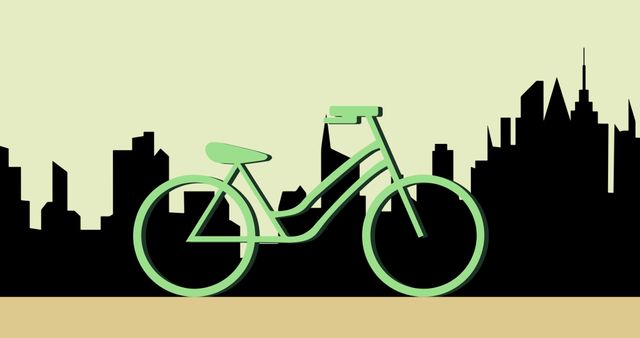 Illustrative image of green bicycle against background of vector buildings, copy space. Abstract, transportation, city, mobility, awareness, campaign and sustainable concept.