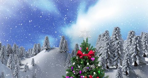 Festive Winter Scene with Decorated Christmas Tree in Snowy Landscape - Download Free Stock Images Pikwizard.com