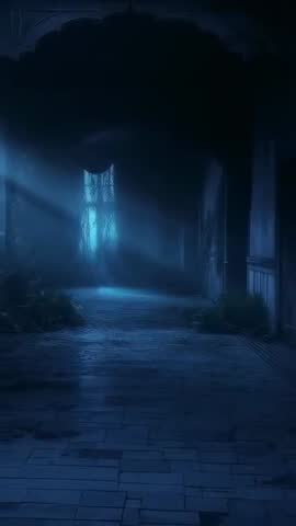 Vertical Pan Through Moonlit Arched Corridor Revealing Ruined Banquet Table in Blue Light