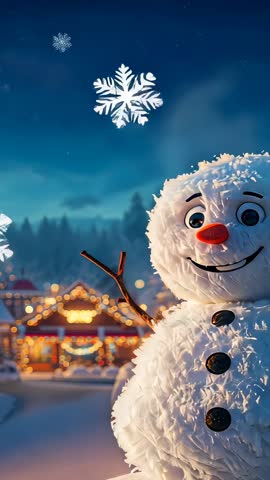 Smiling snowman greeting camera with drifting snowflakes and glowing cabin lights