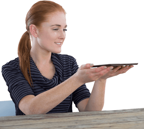 Transparent Businesswoman Using Tablet Smiling at Desk