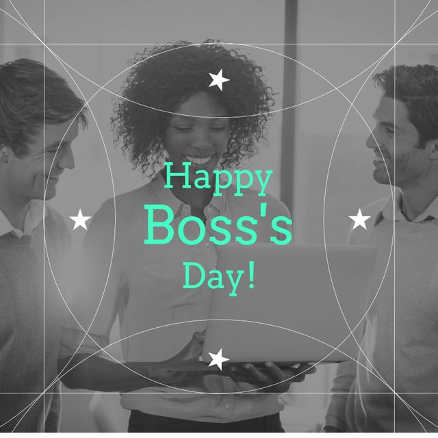 Image of happy boss day over diverse female and male coworkers with laptop in black and white. Business, work and boss day concept.