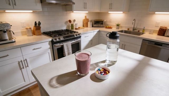 Morning wellness trio on kitchen island with berry smoothie water bottle supplements