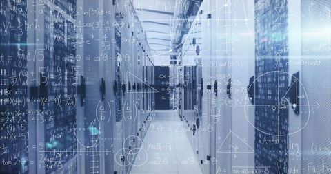 Futuristic data center corridor with mathematical overlay graphics