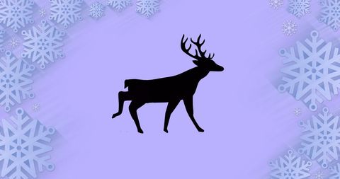 Reindeer Silhouette Surrounded by Snowflakes on Purple Holiday Background