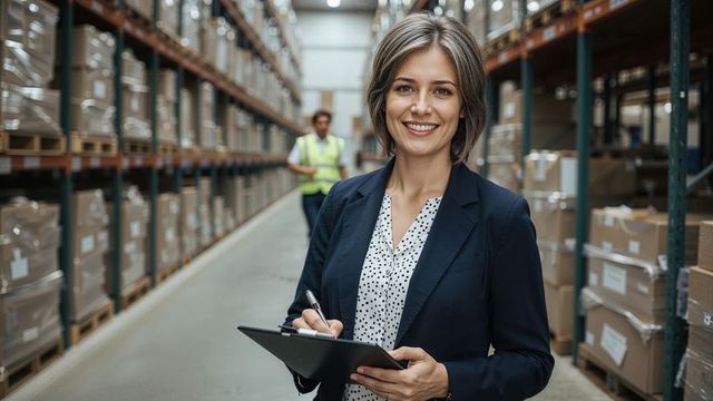 Female Warehouse Supervisor Inspecting Inventory with Clipboard