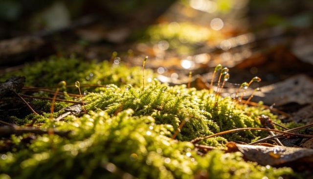 Sunlit moss macro close-up - dew-tipped sporophytes on forest floor with warm bokeh