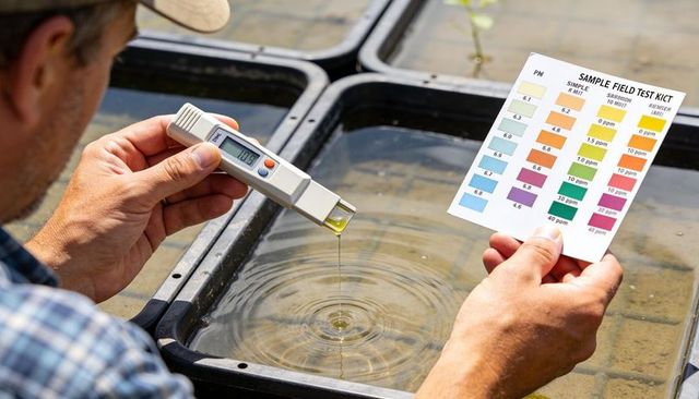 Testing ph in nursery water with digital meter and color chart