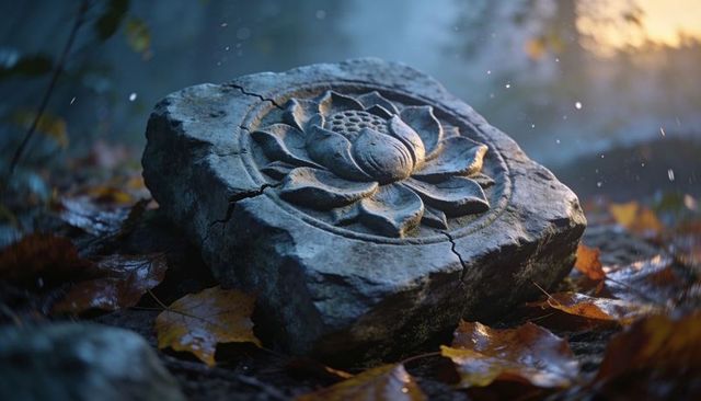 Weathered lotus relief in cracked stone on mossy forest floor at misty dawn with autumn leaves