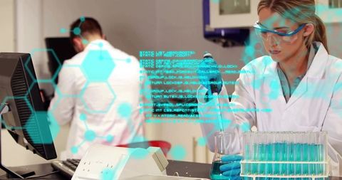 Female scientist pipetting blue solution at laboratory bench with holographic data overlay