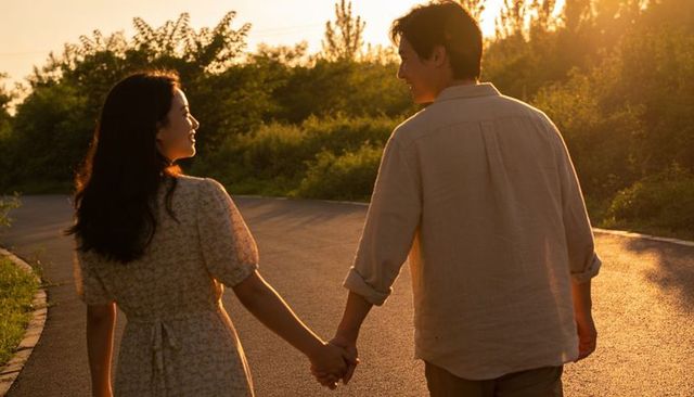 Couple walking hand in hand on sunset park path during warm golden hour evening