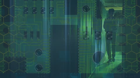 Person Walking in Dark Server Room with Digital Overlay