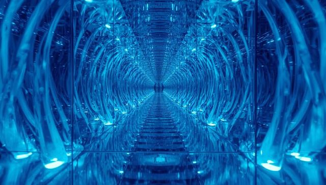 Endless cyan mirrored tunnel with led rings creating futuristic kaleidoscopic corridor