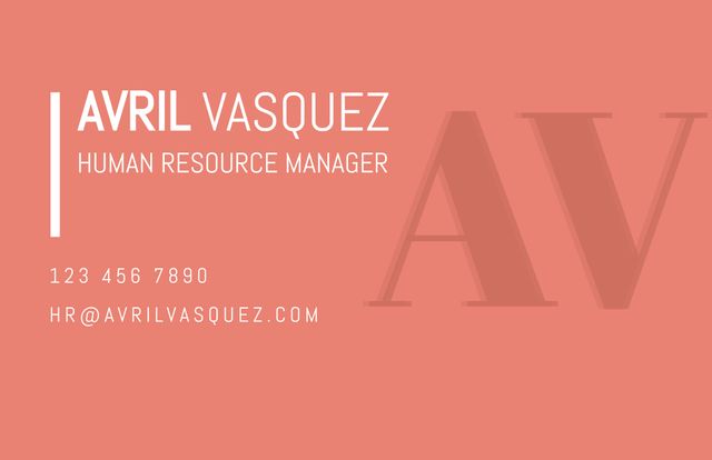 This business card design combines a professional and modern aesthetic with a clean, orange background. It features the name 'Avril Vasquez', the title 'Human Resource Manager', and essential contact details, making it ideal for professionals seeking to establish a corporate identity. The minimalist typography and layout make it suitable for networking events, business meetings, or any context where sharing contact information is necessary. It can be used as a template for creating personalized business cards across various industries.