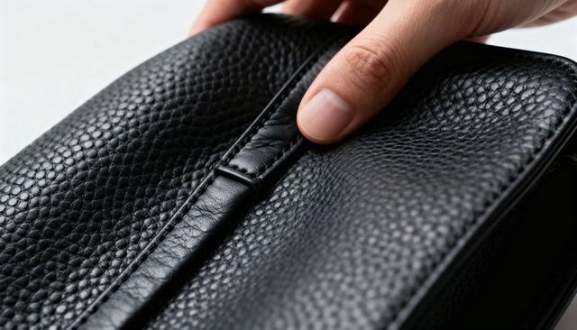 Hand lifting narrow stitched strap on black pebbled leather bag closeup for fashion