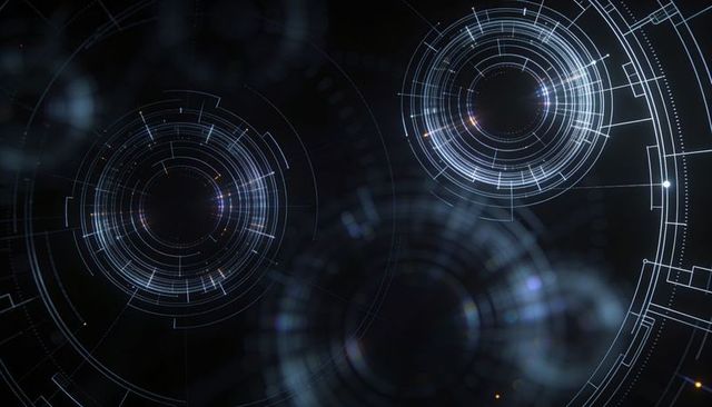 Futuristic hud interface rotating glowing concentric rings holographic data grid display