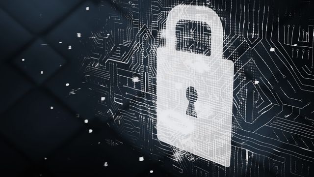 Dynamic illustration of digital security with a white padlock overlaid on a circuit board background. The image conveys cybersecurity themes, making it ideal for use in informative presentations, websites related to technology, and articles on data encryption.