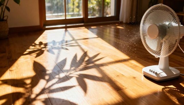 Sunlit interior with fan blowing dust motes across hardwood floor and plant shadows