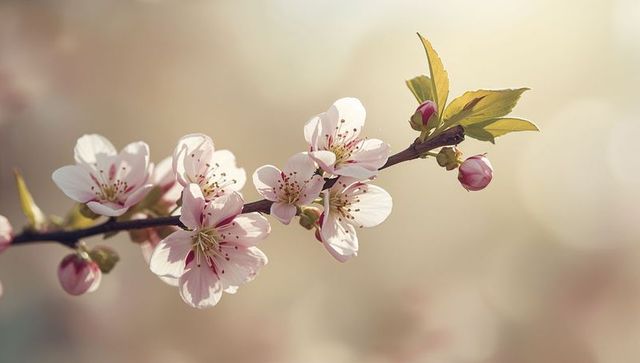 Blooming cherry blossom branch with pink flowers and buds, sunlit bokeh background
