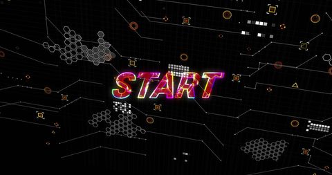 Colorful start text with digital interface elements on black background