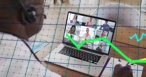 Financial Analyst on Video Call with Market Graph Overlay