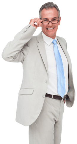Transparent Background: Smiling Businessman Adjusting Glasses