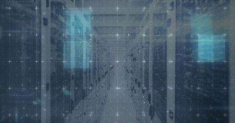 High-tech data center aisle with server racks, led indicators and digital grid overlay