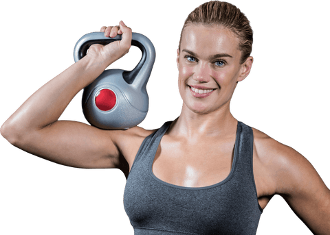Transparent Muscular Woman Holding Kettlebell and Smiling