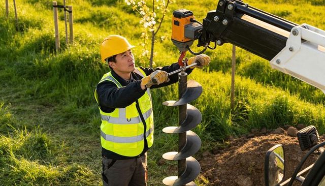 Construction worker attaching earth auger to rig boom during tree planting and site prep